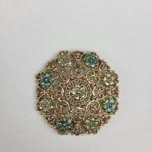 Monet Gold Tone Enamel Rhinestone Round Filigree Style Flower Brooch, Signed